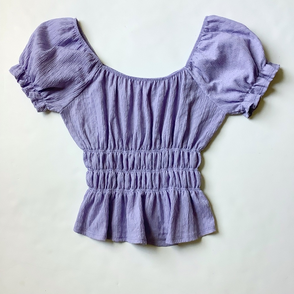 Pink Rose Lavender Smocked Peplum Puff Sleeve Top - Women